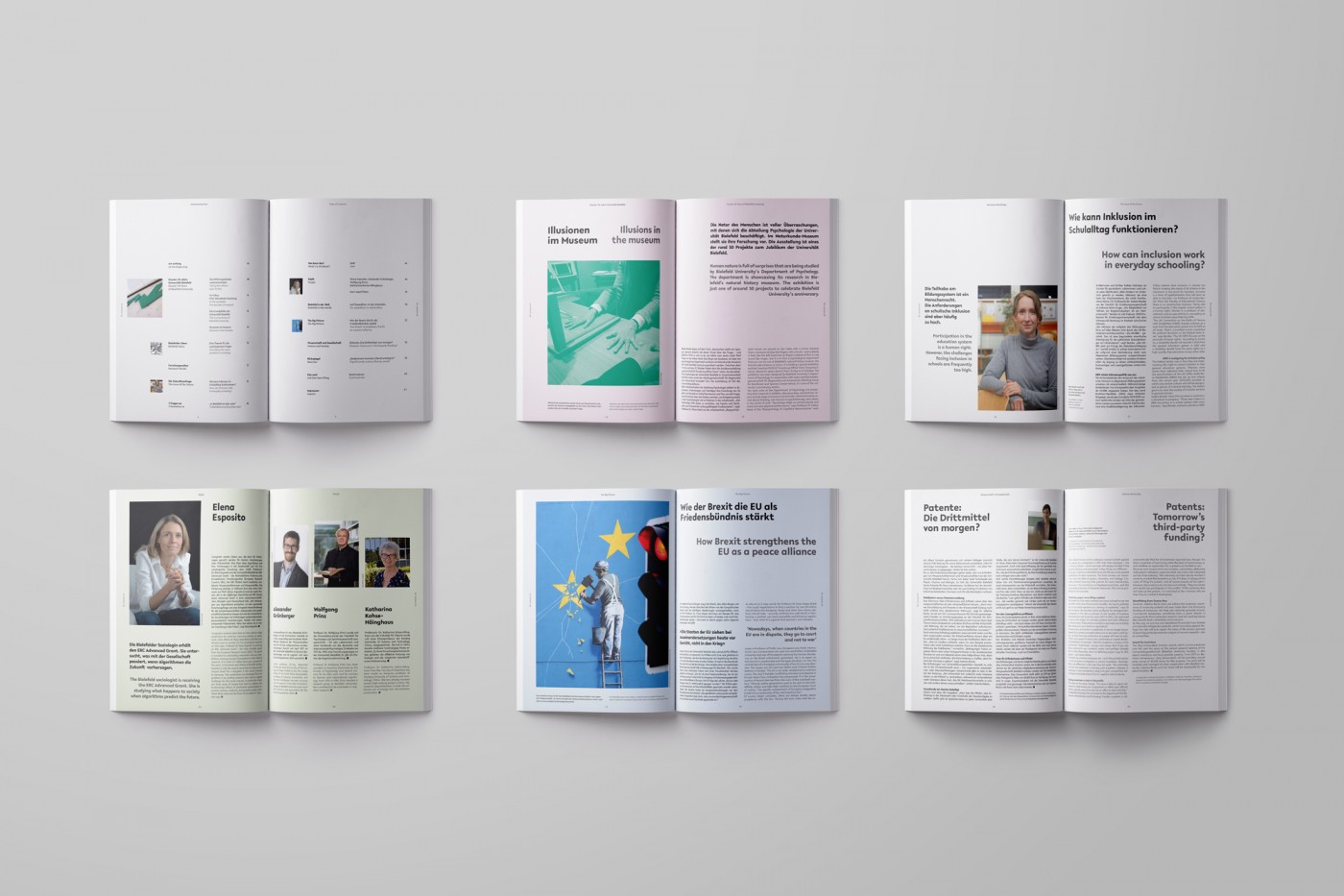 Six doubles spreads of the magazine, featuring the table of content and five intro spreads.