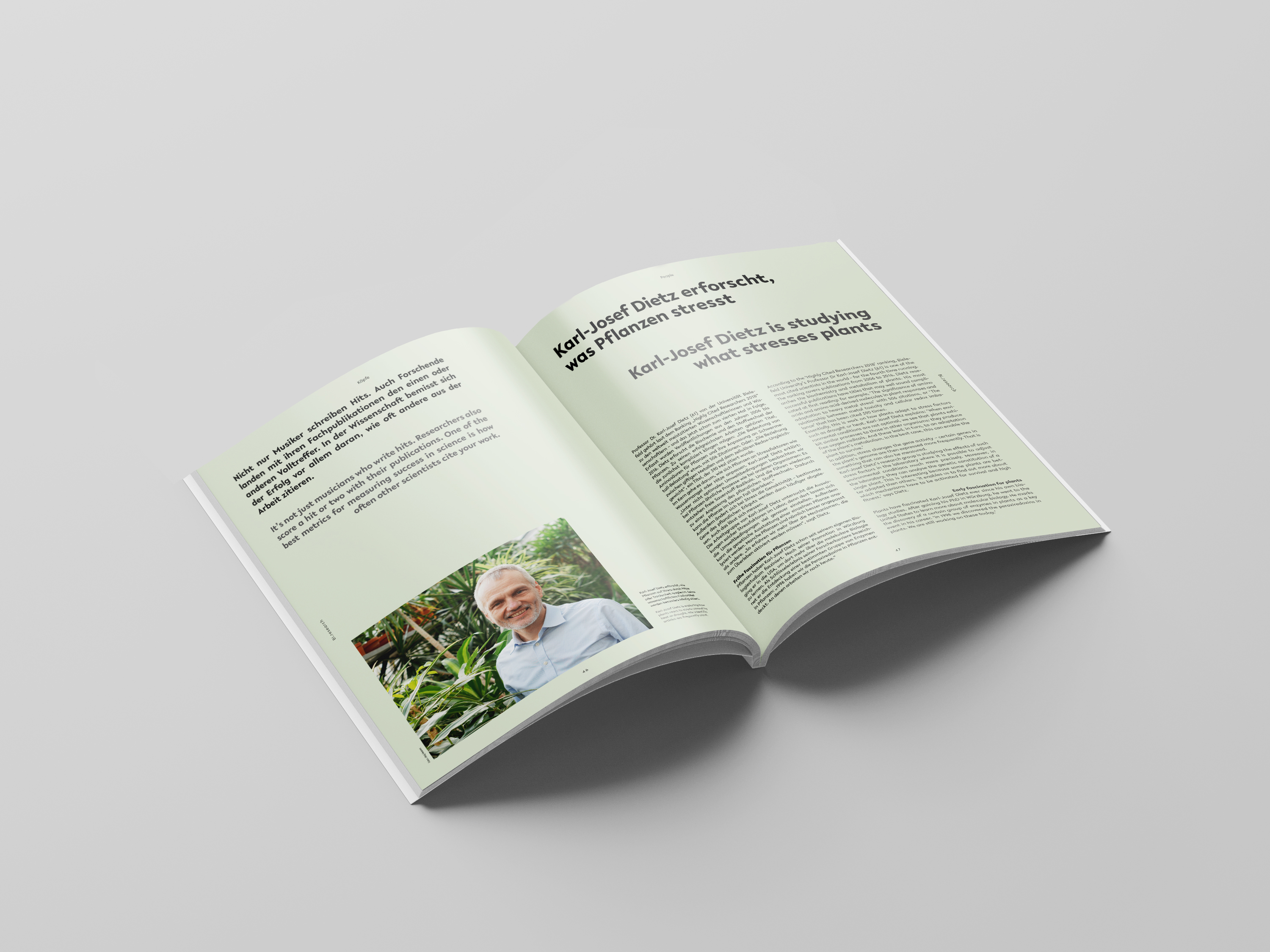 Opened magazine, the left page shows a picture of a man in front of tropical plants and two text blocks, the eft page shows two headlines and two paragraphs.