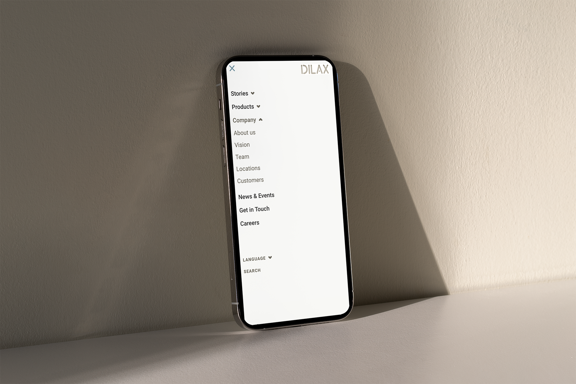 A mockup of a smartphone showing a very simple menu with dropdowns on white background.
