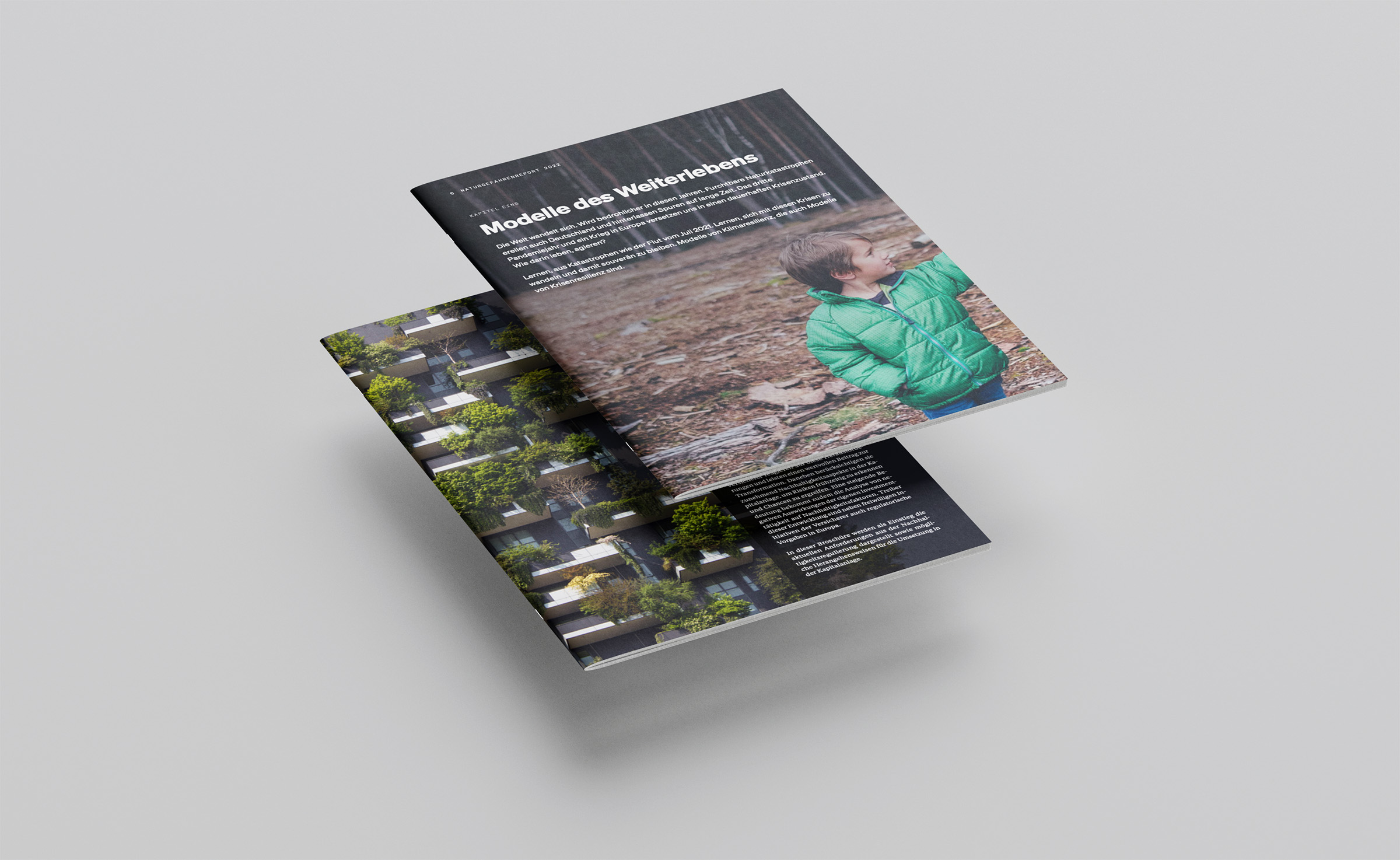 Two brochures hovering over a grey surface. The front pages show images and text. One brochure has a picture of a boy in a green jacket as the cover motif. The other brochure's cover is an image of the Bosco Verticale in Milan.