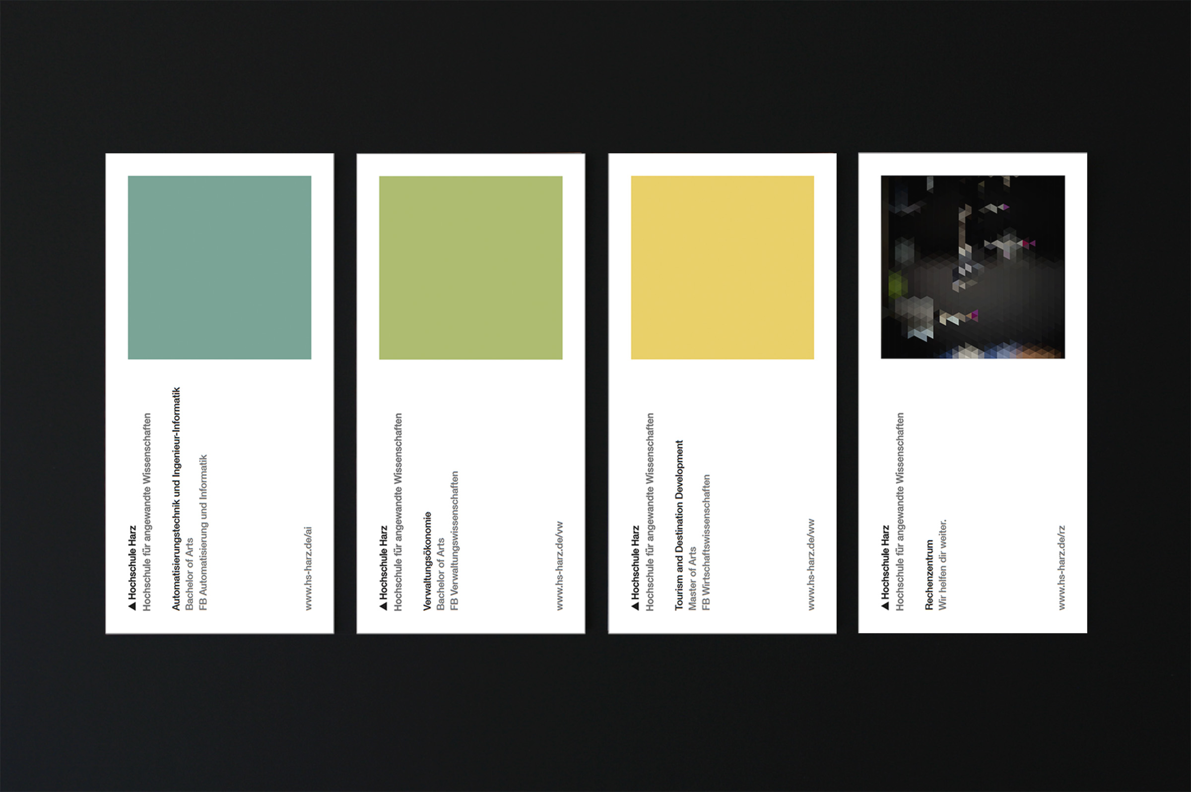 Four flyers that carry information about different study programs, displayed on black background. Each one has its own color or image.