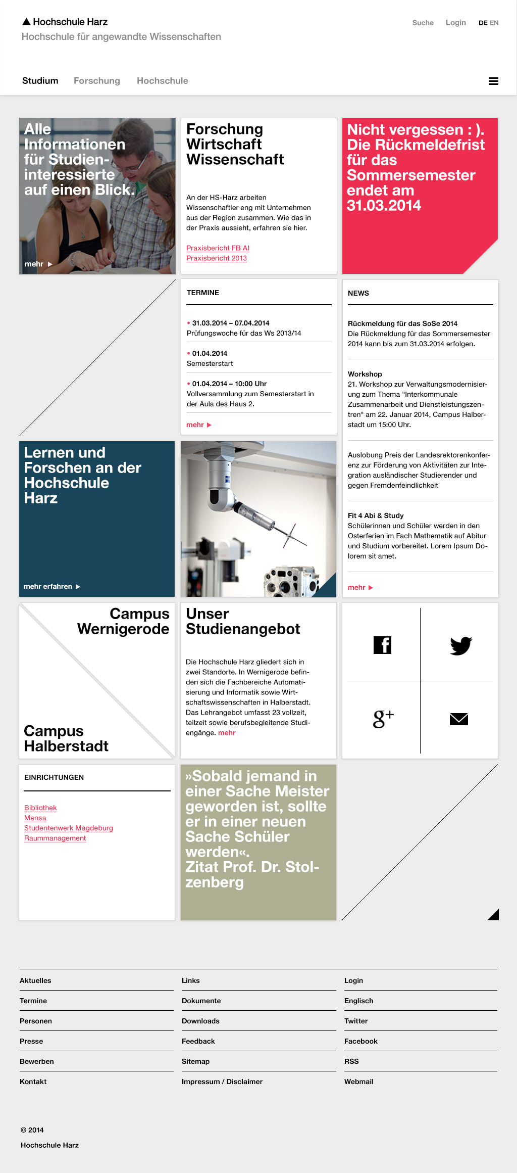 Homepage of the Hochschule Harz with navigation, news and footer