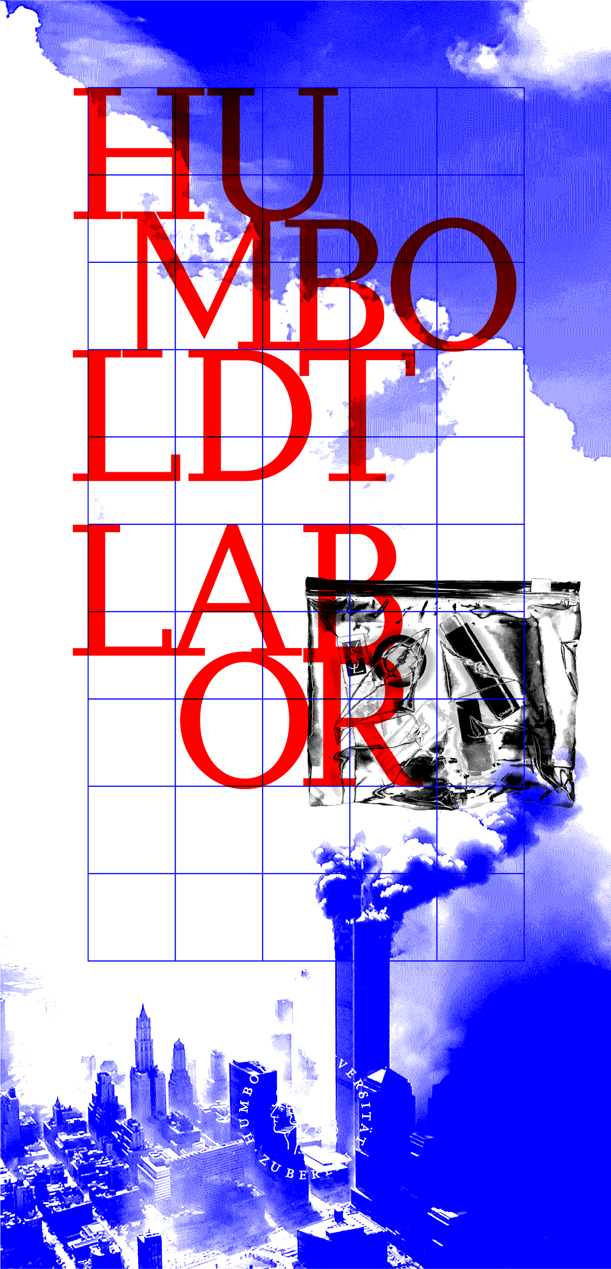 A collage illustration in long format. The blue background image is an areal view of the burning world trade center. Other elements are an x-ray view of a washbag, a grid and the headline: Humboldt Labor, that is piled up over multiple lines.