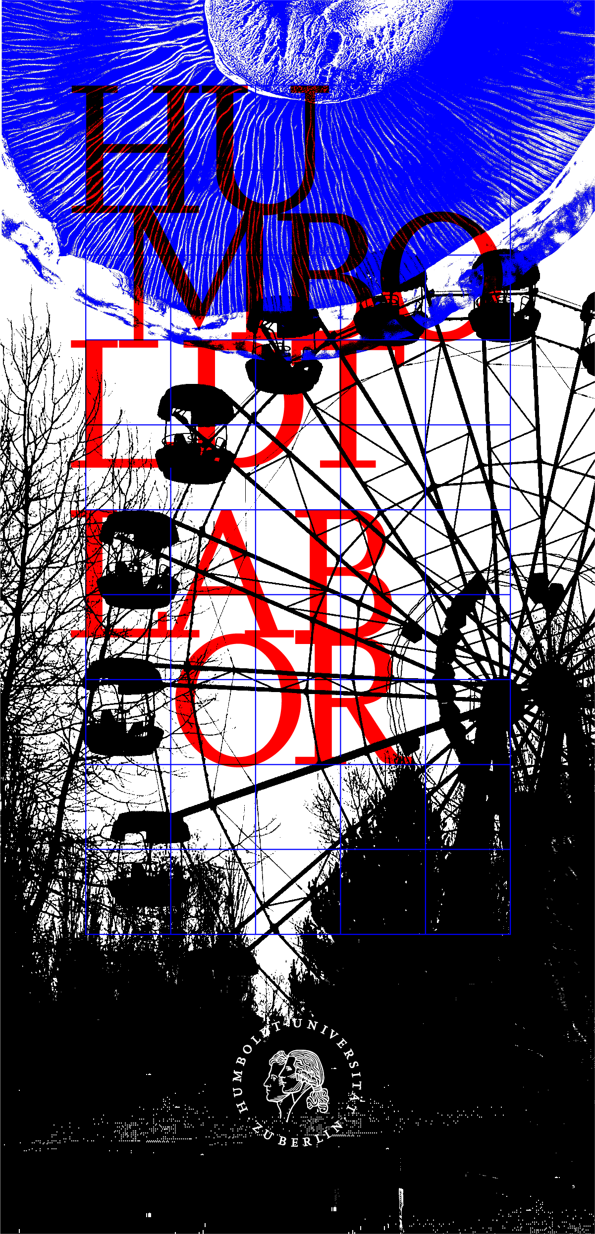 A collage illustration featuring the bottom view of mushroom lamellas in blue, the giant wheel of Prypiat / Chernobyl on the right and a grid on top. Huge red letters say: 