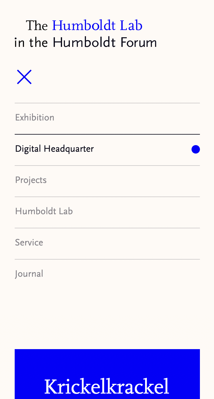 A reduced mobile menu featuring six menu points, the selected one marked with a blue dot. On the bottom a blue block leaping in with white text: