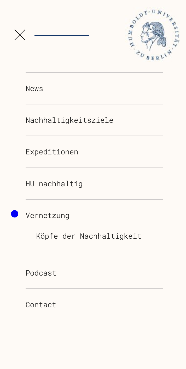 A clean mobile menu with warm grey background. The selected page is marked with a blue dot. On the very top right is the seal of the Humboldt University.