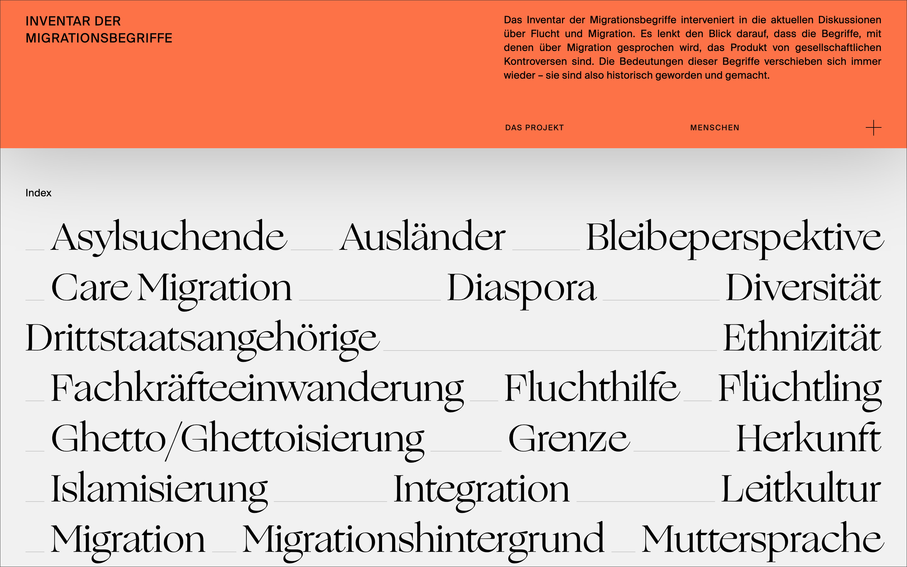 Homepage of IMIS featuring logo, menu, block of text describing the project and Index of terms that function as links.