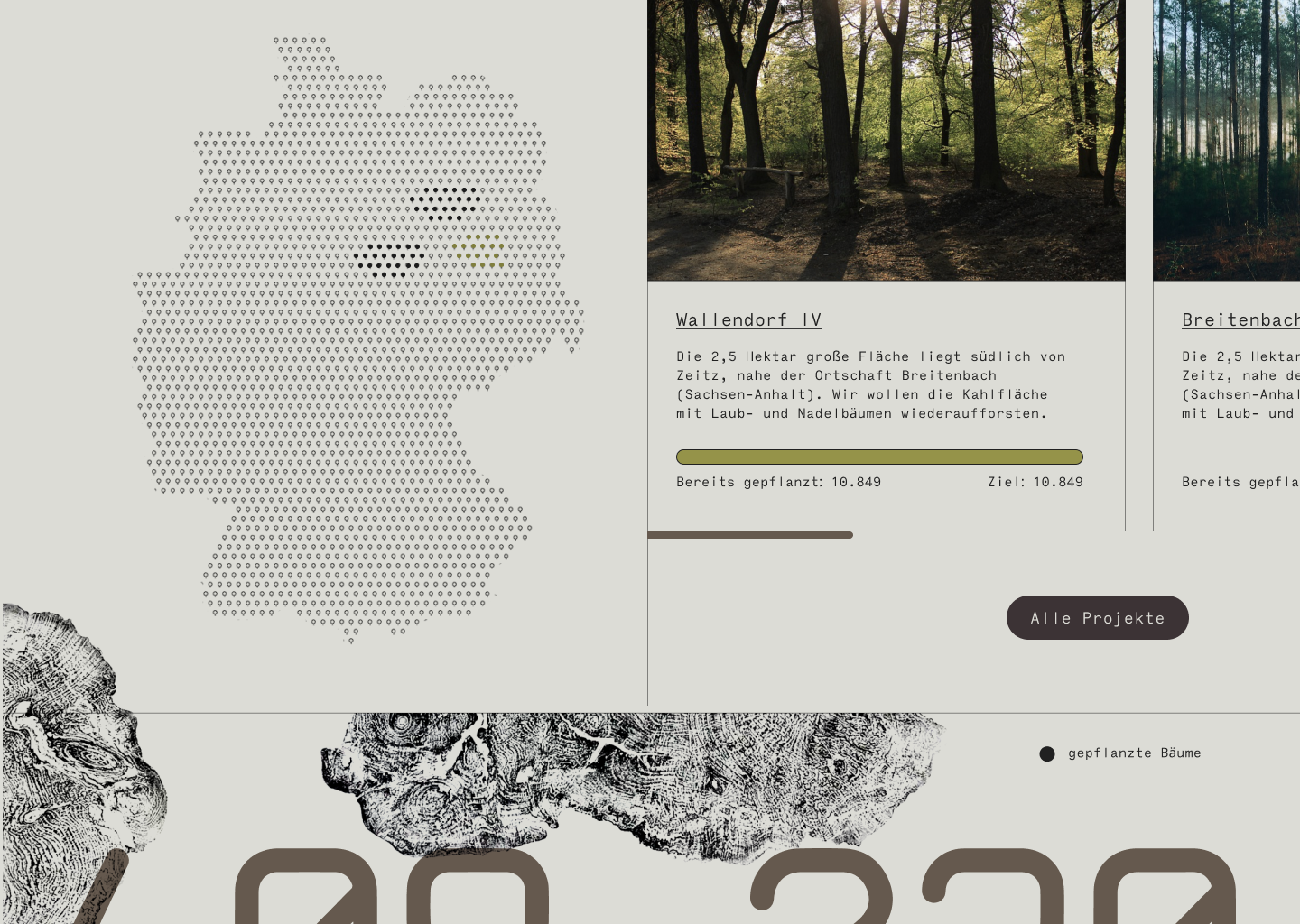 A clean webdesign in light grey and black of an interactive map. The map is the shape of germany based on minimalistic tree icons. On the right side projects are selectable by cards. They are illustrated with warm forest pictures. On the bottom are huge black prints of tree slices.
