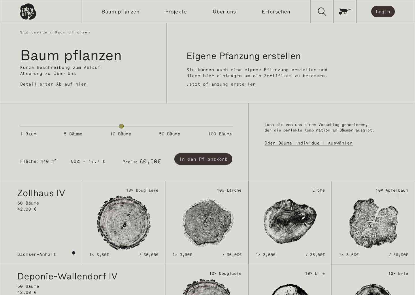 A clean webdesign for the selection of trees to be planted. It is in a warm grey ton with black and the layout is dominated by a lot of boxes that remind on an archive. The trees are illustrated by black prints of their slices.
