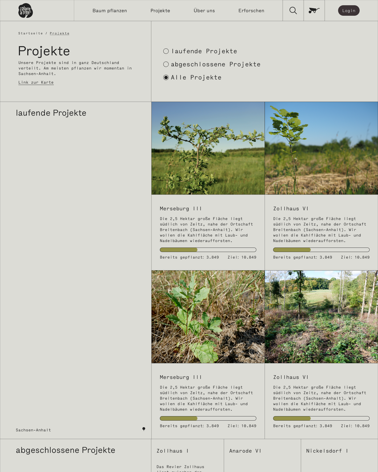 A design of a page showing current progress. It is in a clear design based on boxes and in warm grey and black as colors. It contains four tiles of projects with a short description, a green progress bar and spring images of trees on the project area.