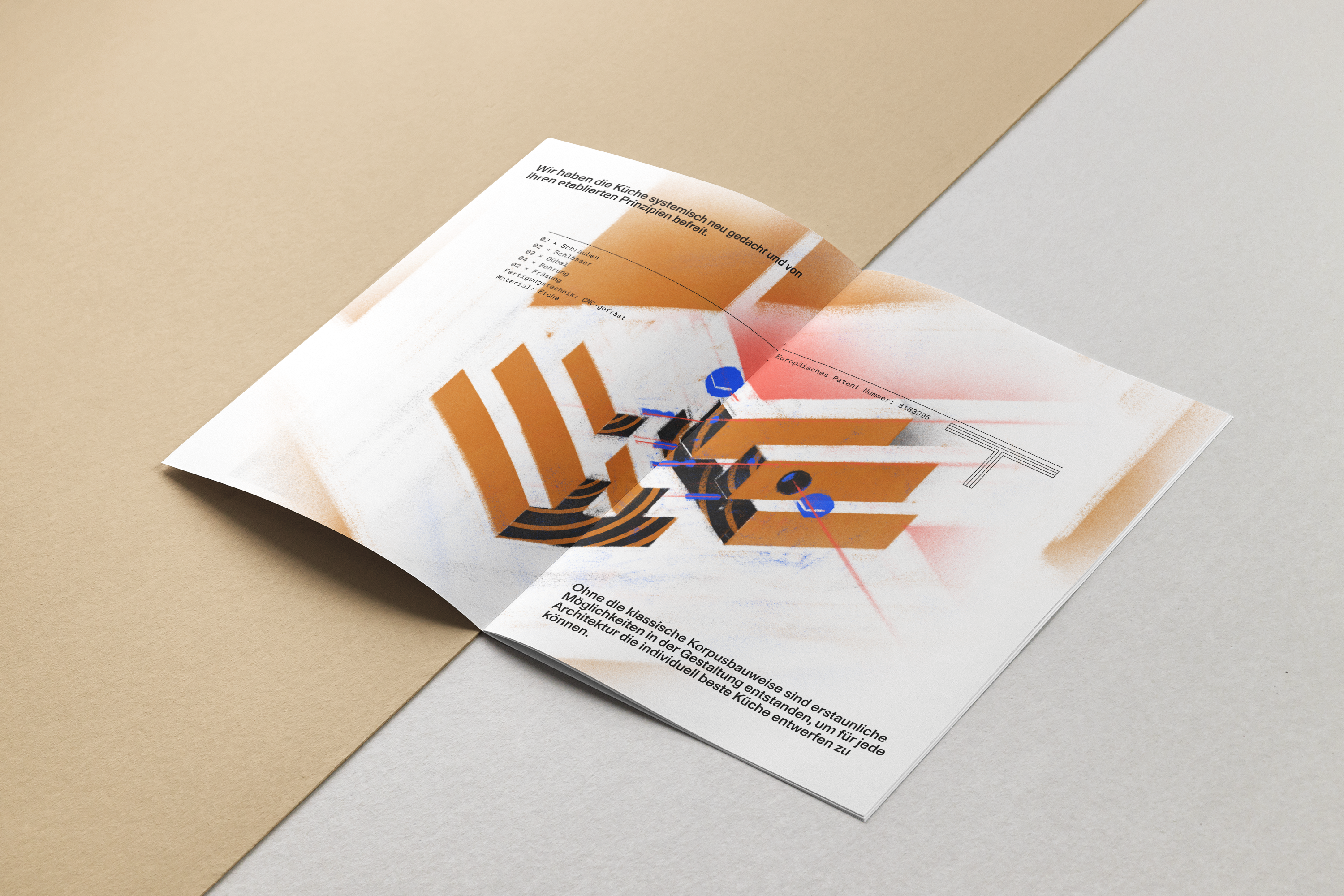 A design mockup of a brochure. It shows an open magazine with a double page spray style illustration of a the cross section of the main j*gast profile with its connection system. The main colors are warm brown, black and brown.
