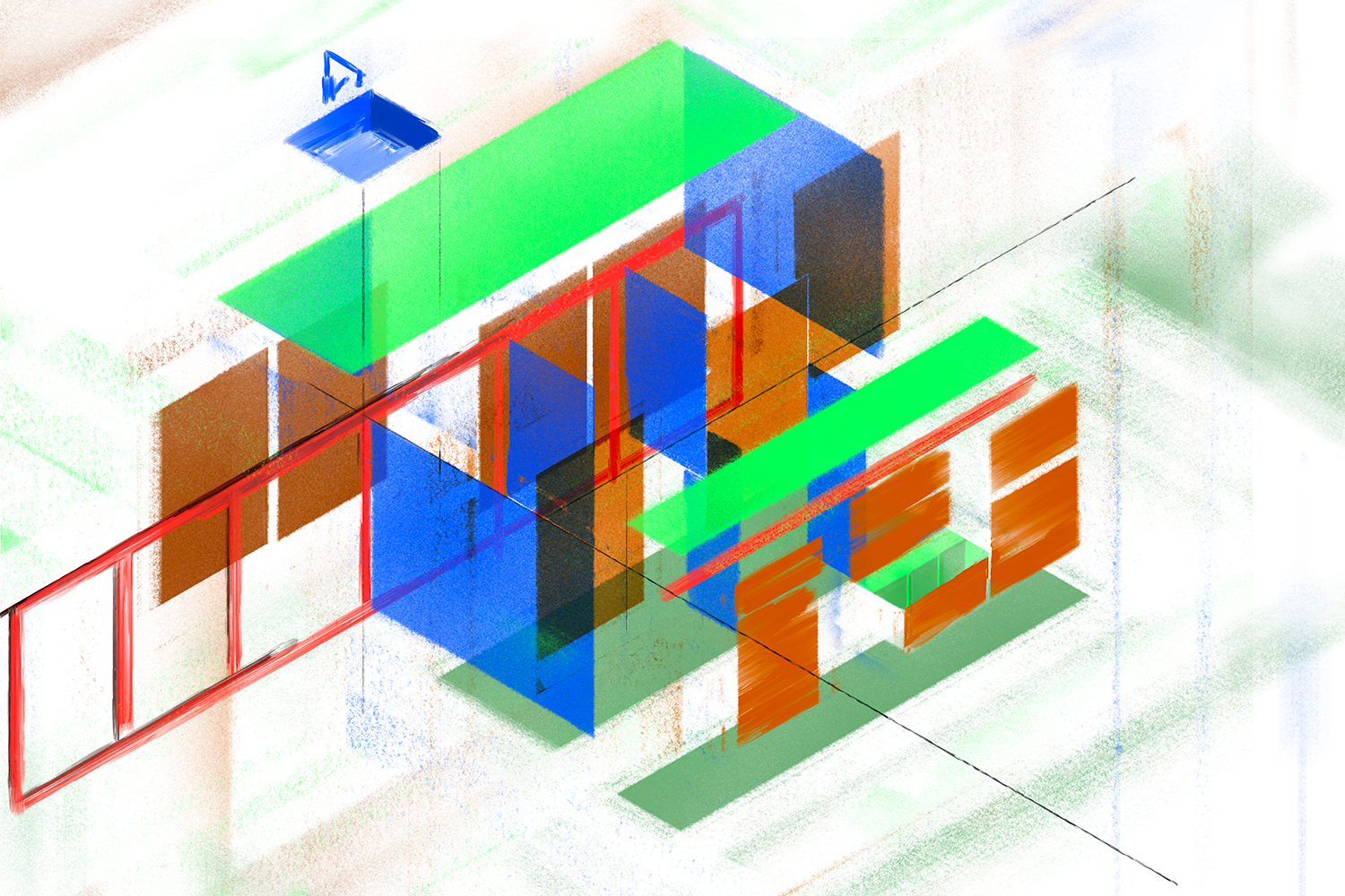 A pattern like explosion drawing of a kitchen in a vibrant coloured spraypaint style.