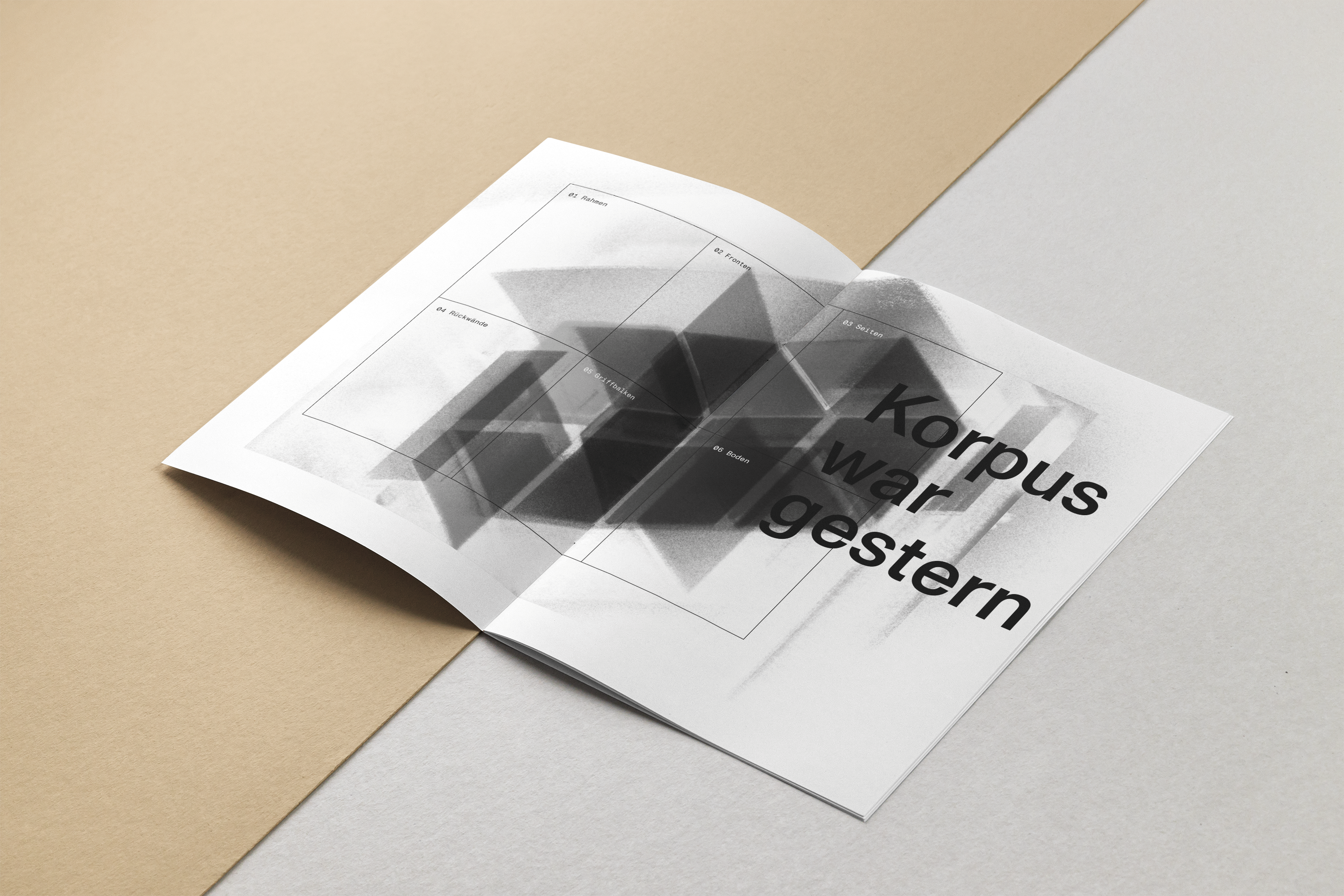 A design mockup of a brochure. It shows an open magazine with a double page black and white illustration of a explosion style deconstructed j*gast kitchen and the headline: Korpus war gestern.