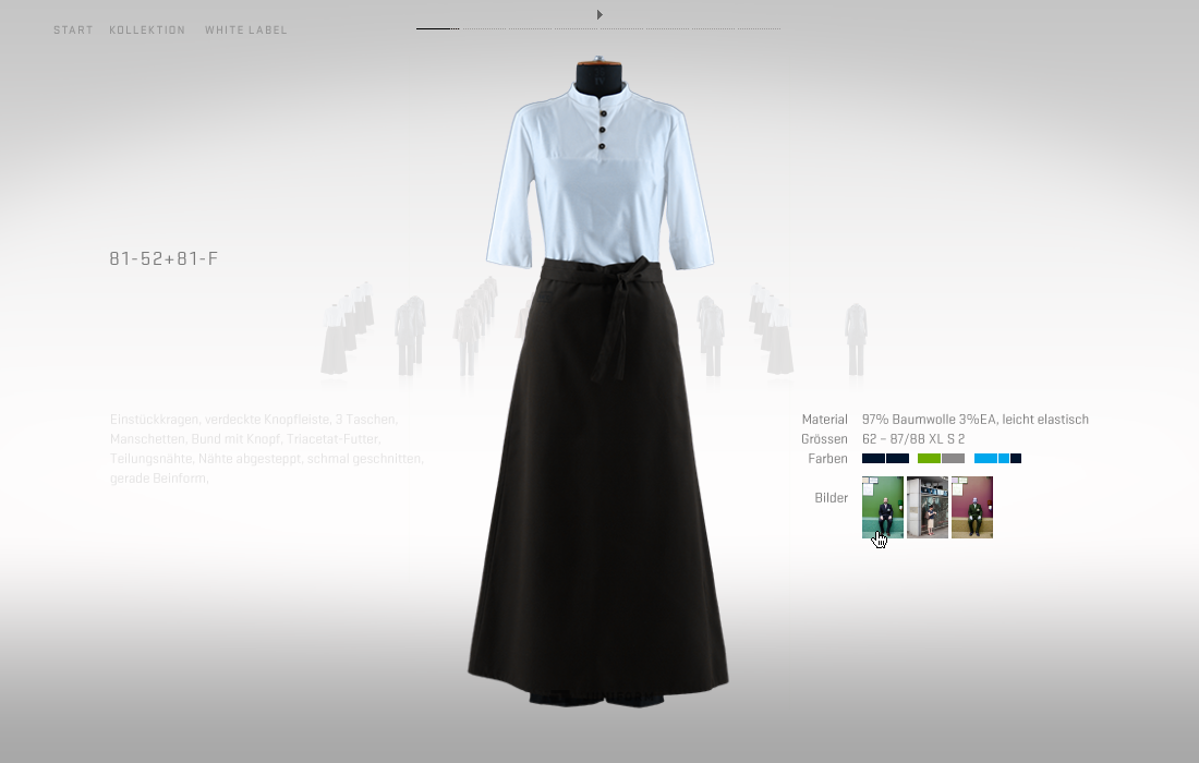 A single product page with a uniform dress featuring long black skirt and a light grey buttoned blouse, on the side minimalistic info containing material, color and the possibility to choose among three example images, all on light grey gradient background with some little uniform silhouettes in the center.