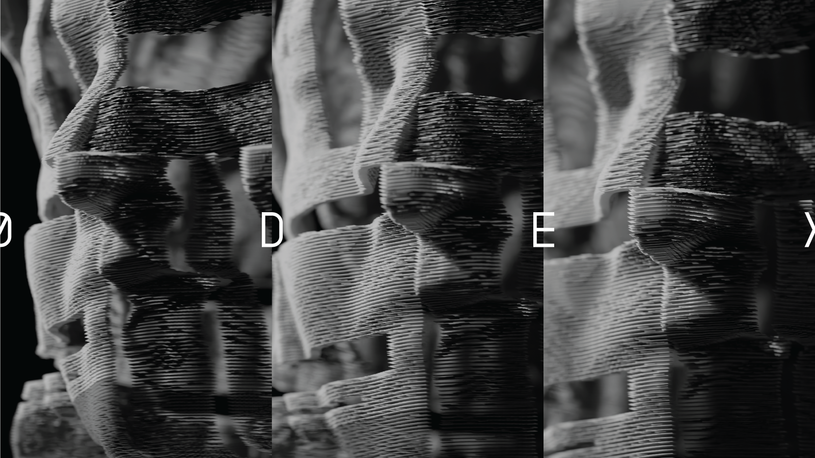 Three abstract dark grey animations in the back, the letters: ODEX in full width in the front.