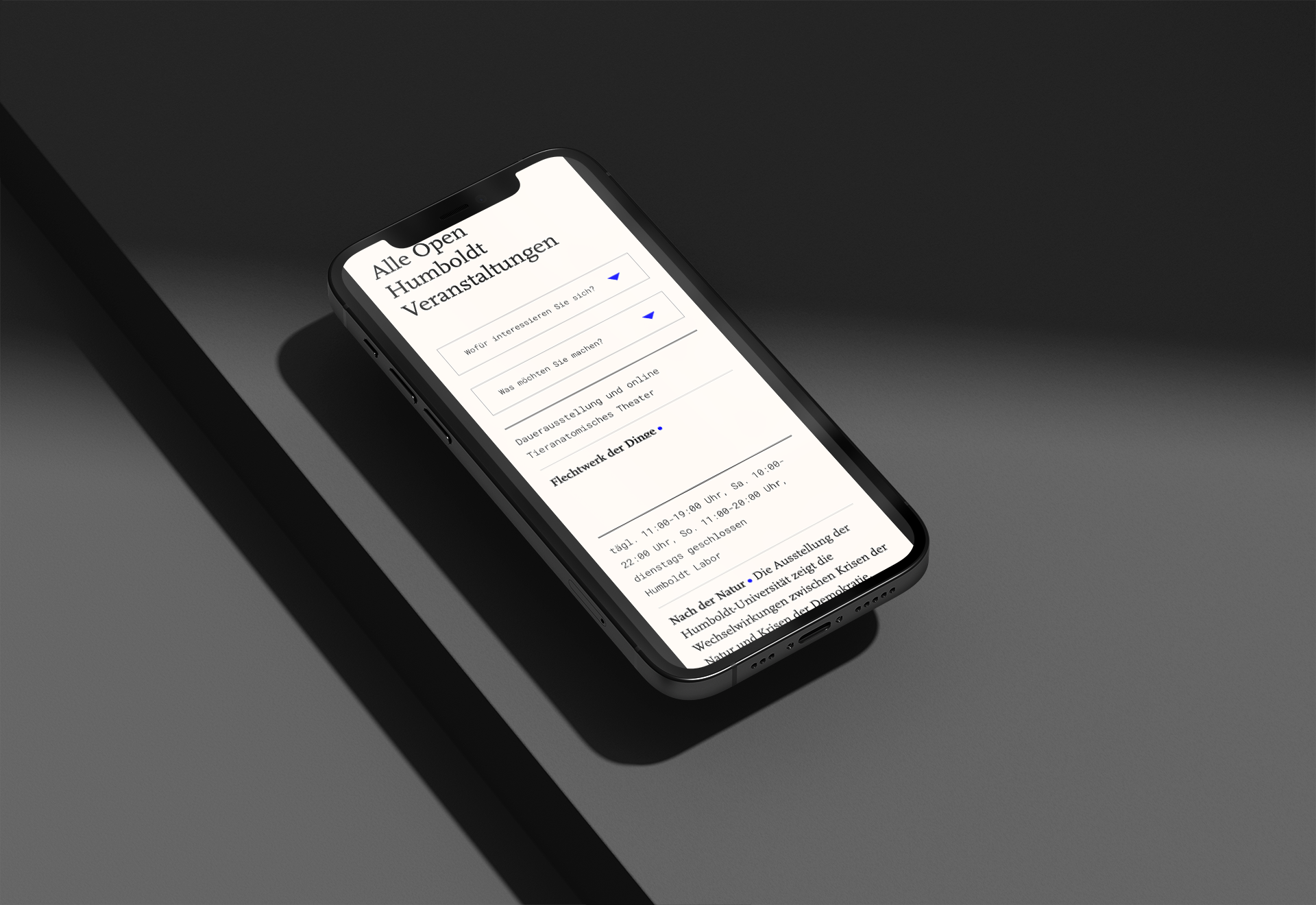 a mockup of a smartphone on cool black surface showing a page with an event list in clean simple design and grey tones.