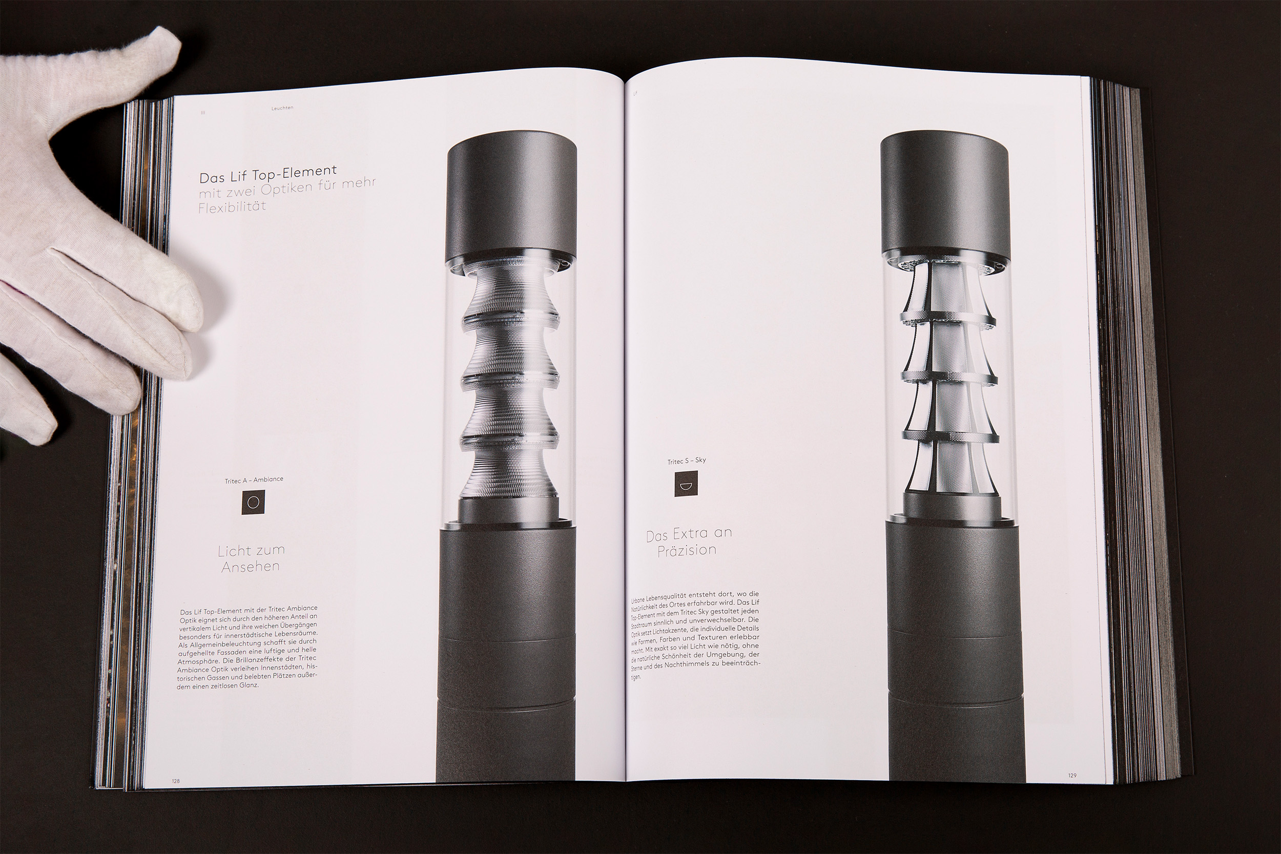 An image of Selux Imagebook, showcasing a double page spread of the Lif Top Element with Tritec A and Tritec S variants.