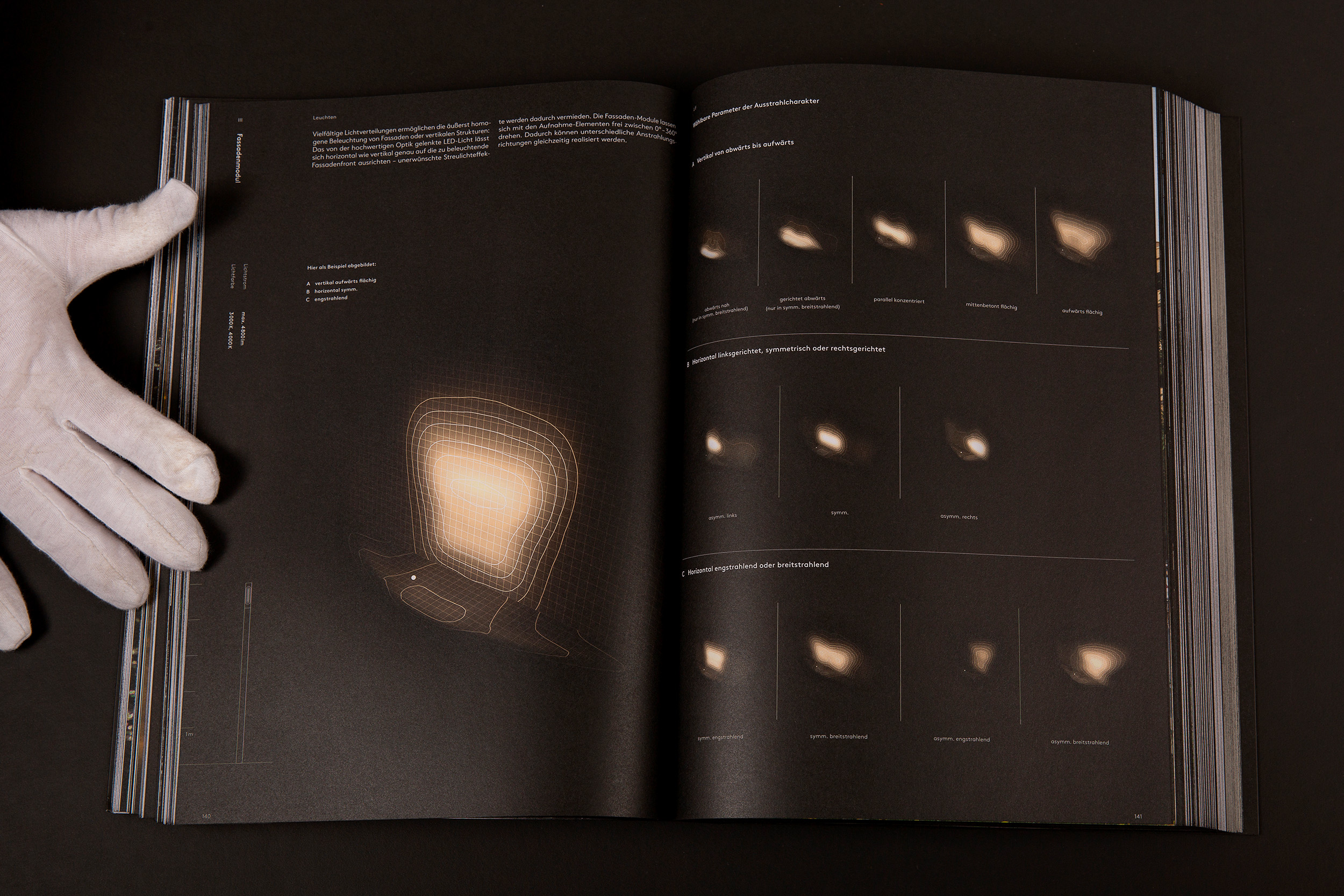 An image of Selux Imagebook, showcasing a double page spread of the Lif Facade Module light distributions against a black background.