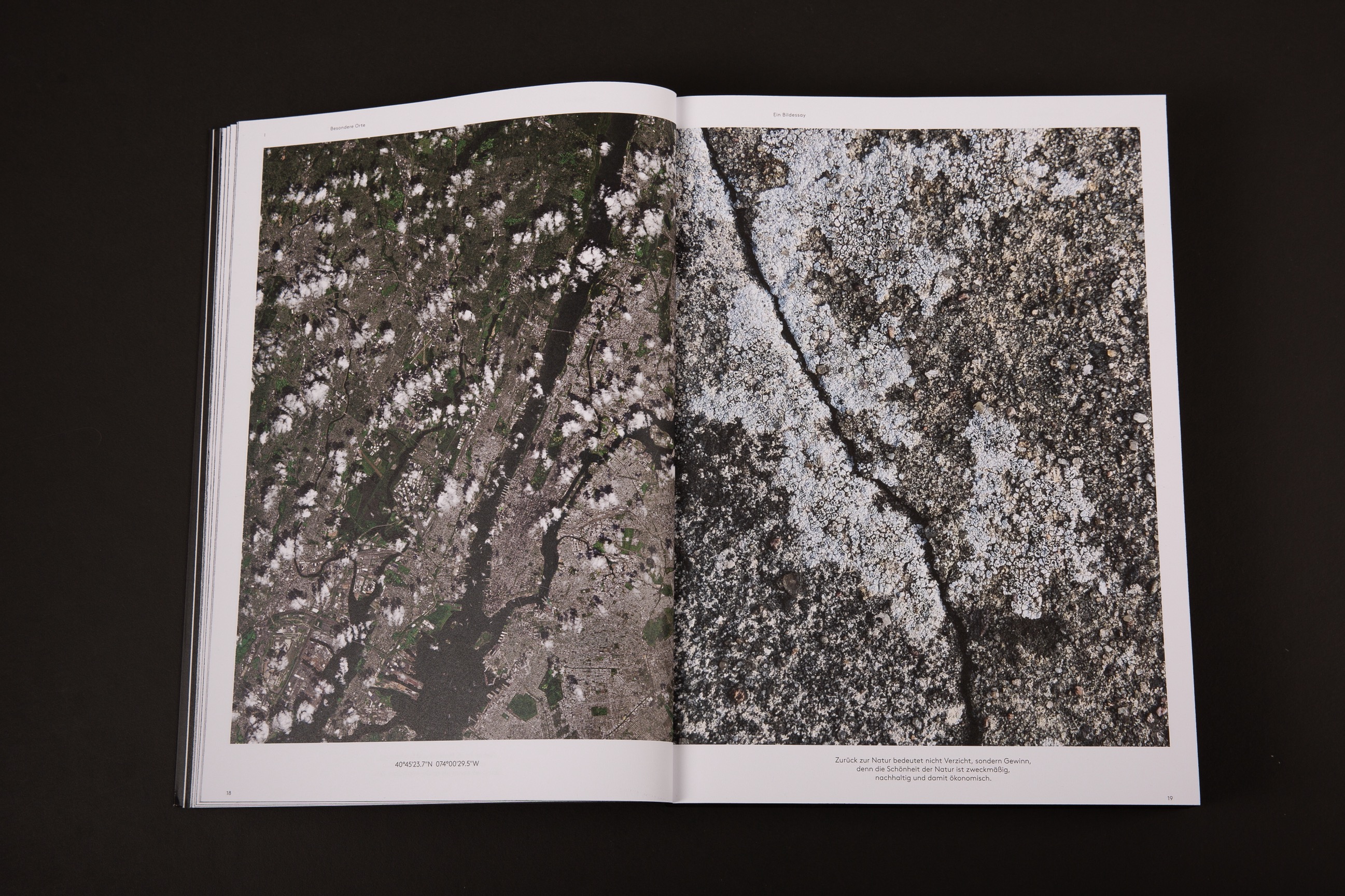 An image of Selux Imagebook, showcasing a double page spread of a satellite image and a macro image side by side with their respective coordinates underneath.