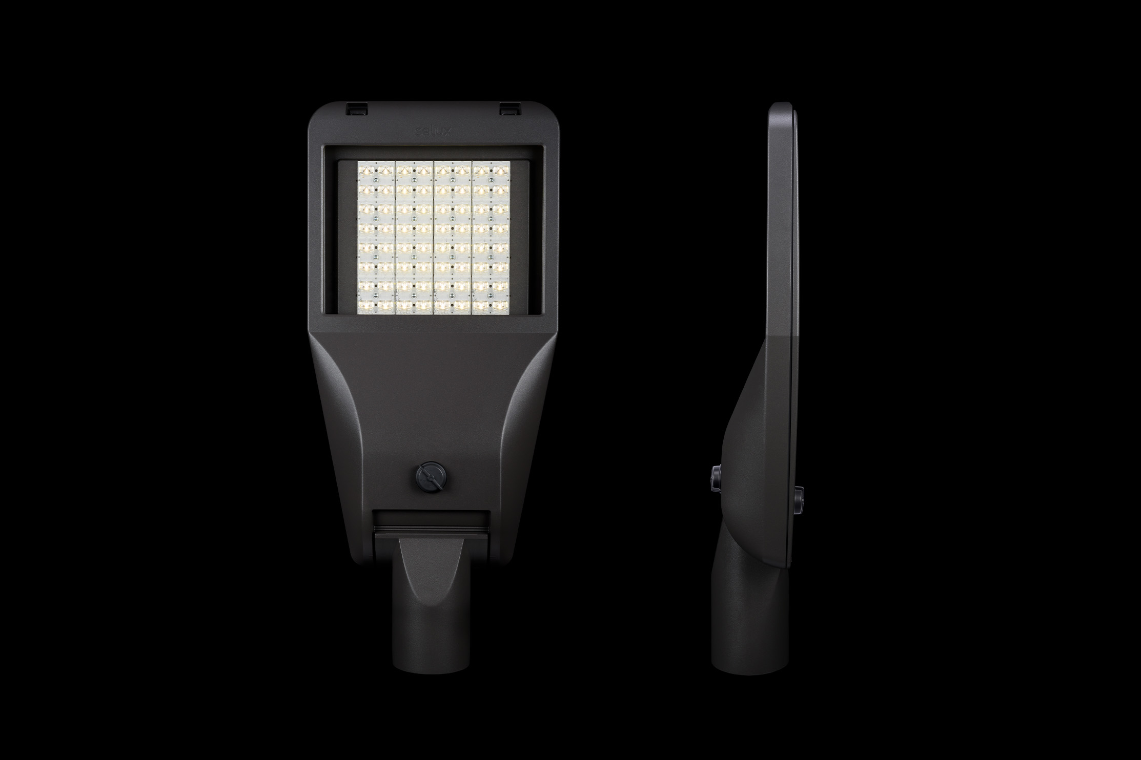 An image of Tal luminaire showing the light module and side profile on a black background.