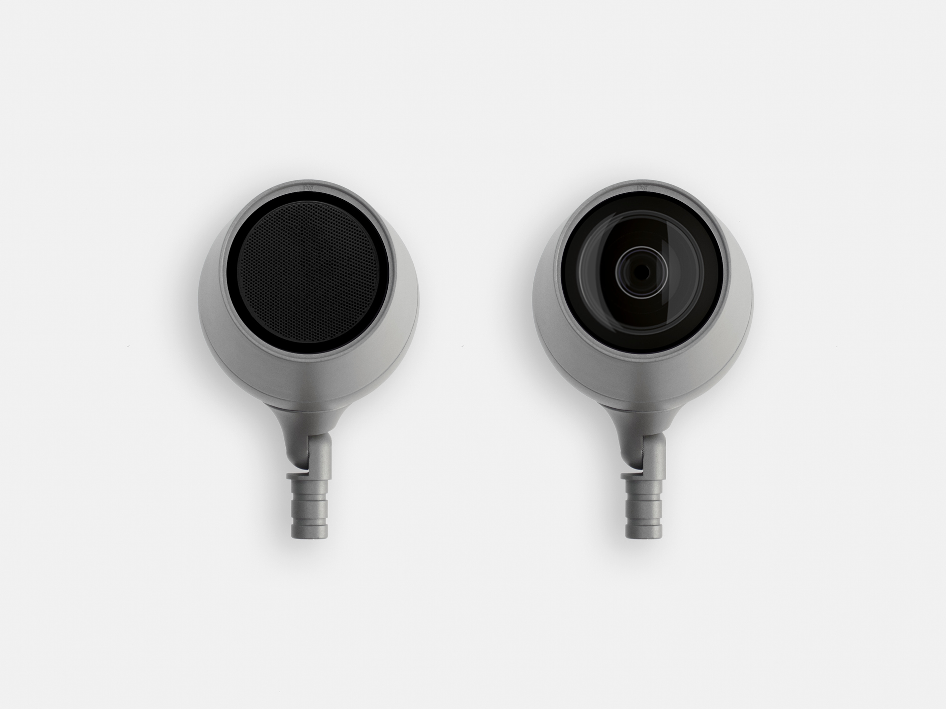 An image of 2 Olivio luminaires, side by side featuring a loudspeaker and Gobo projector respectively.