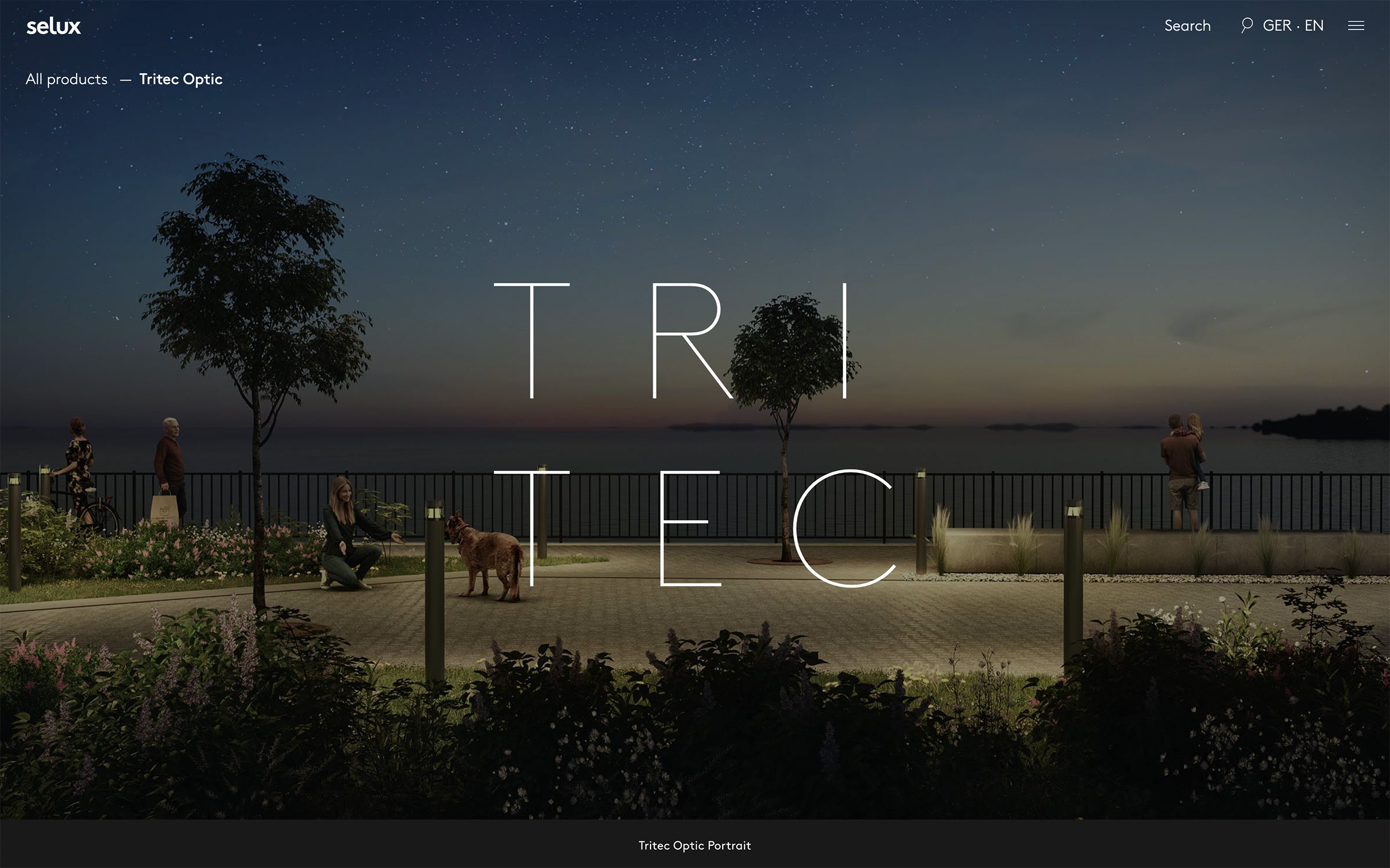 An image showcasing Selux product detail page for Tritec with headline and background image that features the luminaire.