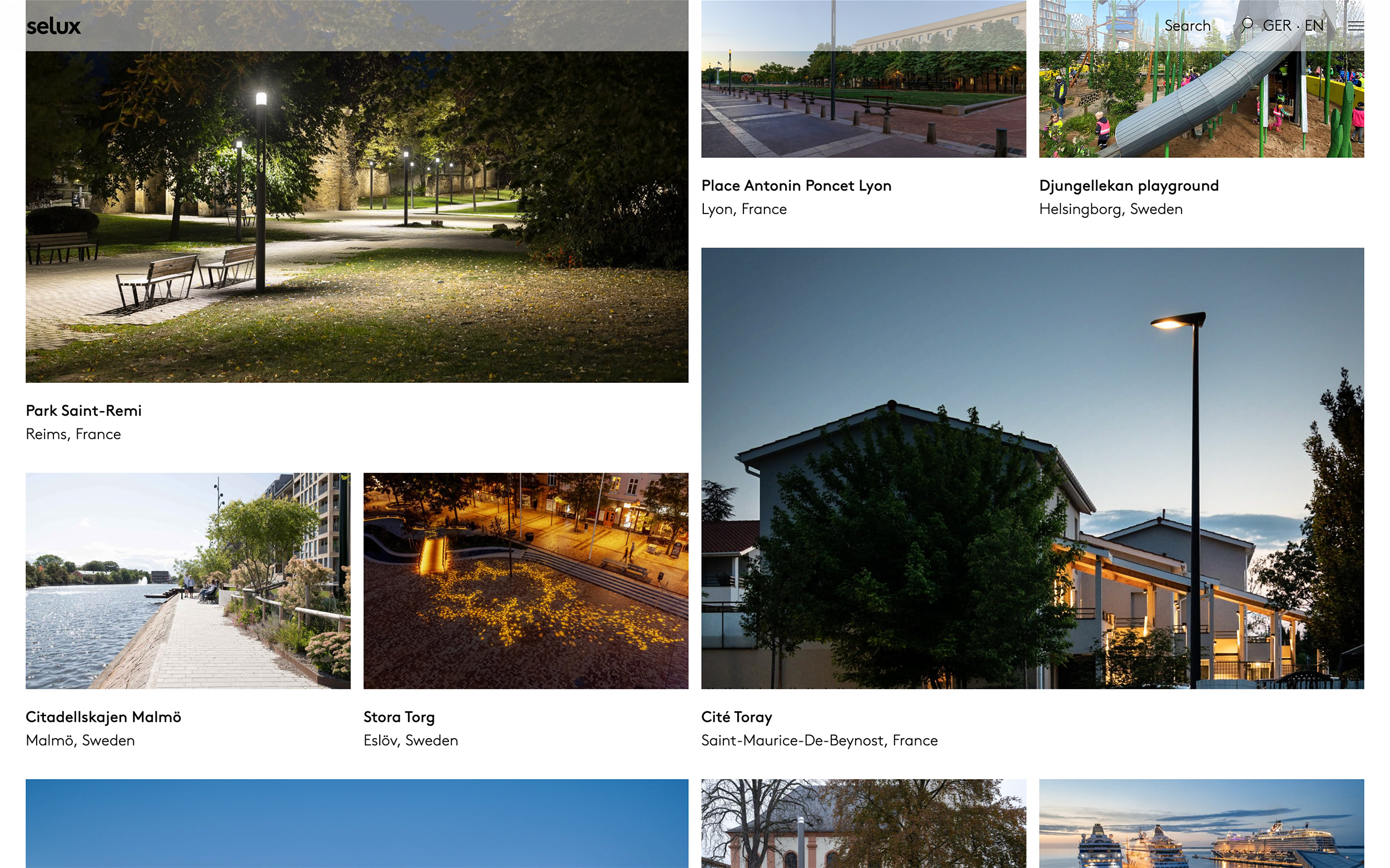 An image showcasing the Projects page with different places where Selux luminaires are featured.