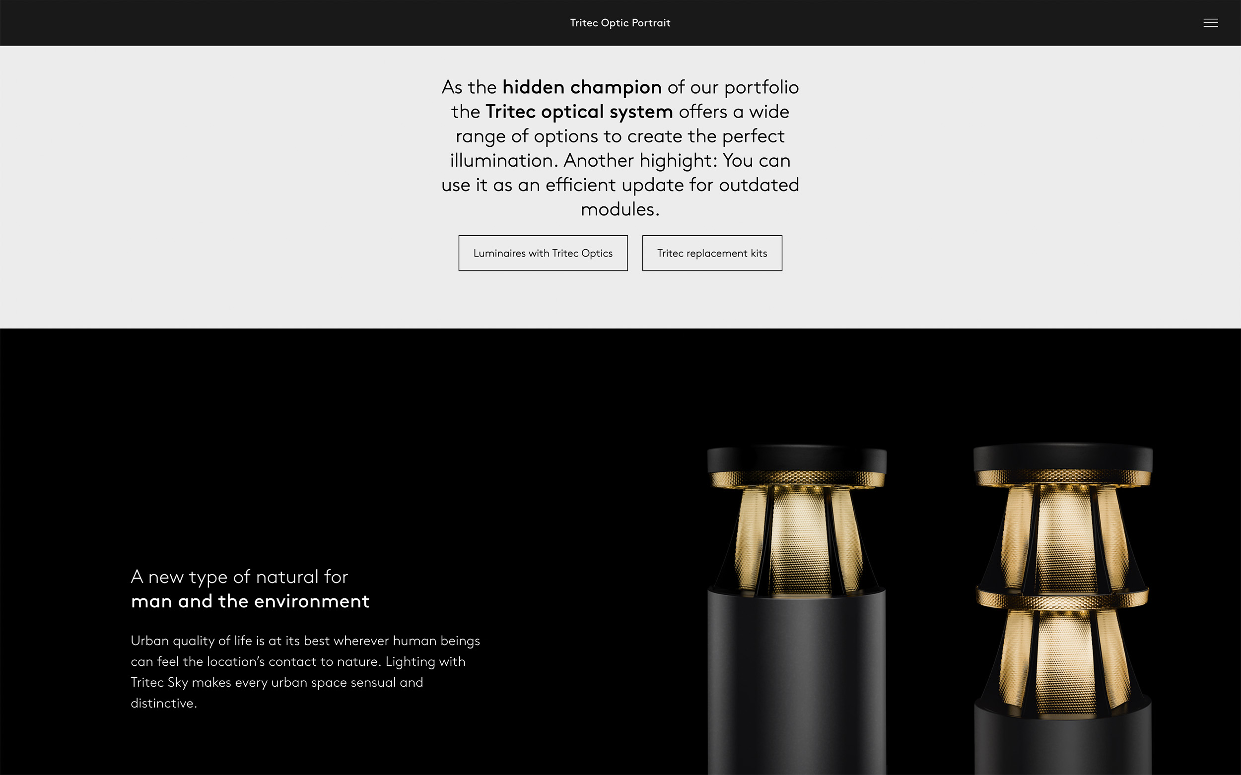 An image showcasing Tritec Optic Portrait page with a centered text paragraph and two buttons at the top and 2 columns with features and an image of the luminaire side by side underneath.
