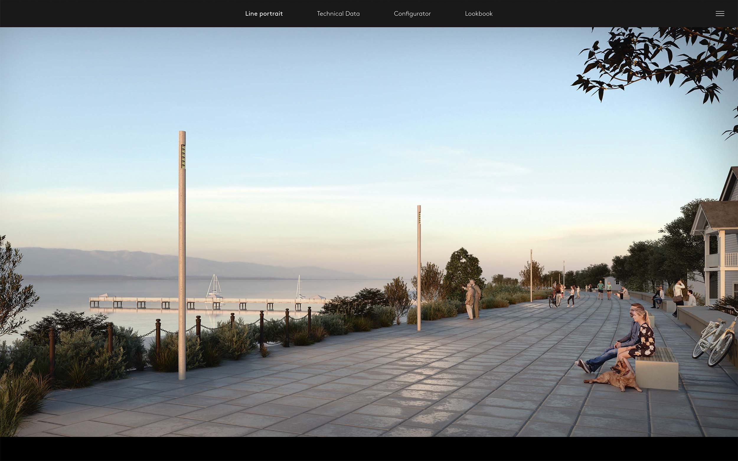 An image showcasing Line Portrait page with a full width image of a boardwalk that features the luminaires.