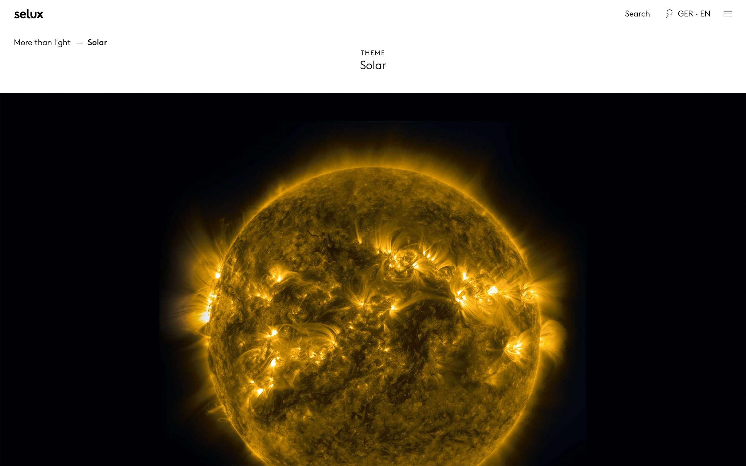 An image showcasing the Theme page titled Solar with headline at the top and a full width image of the sun underneath.