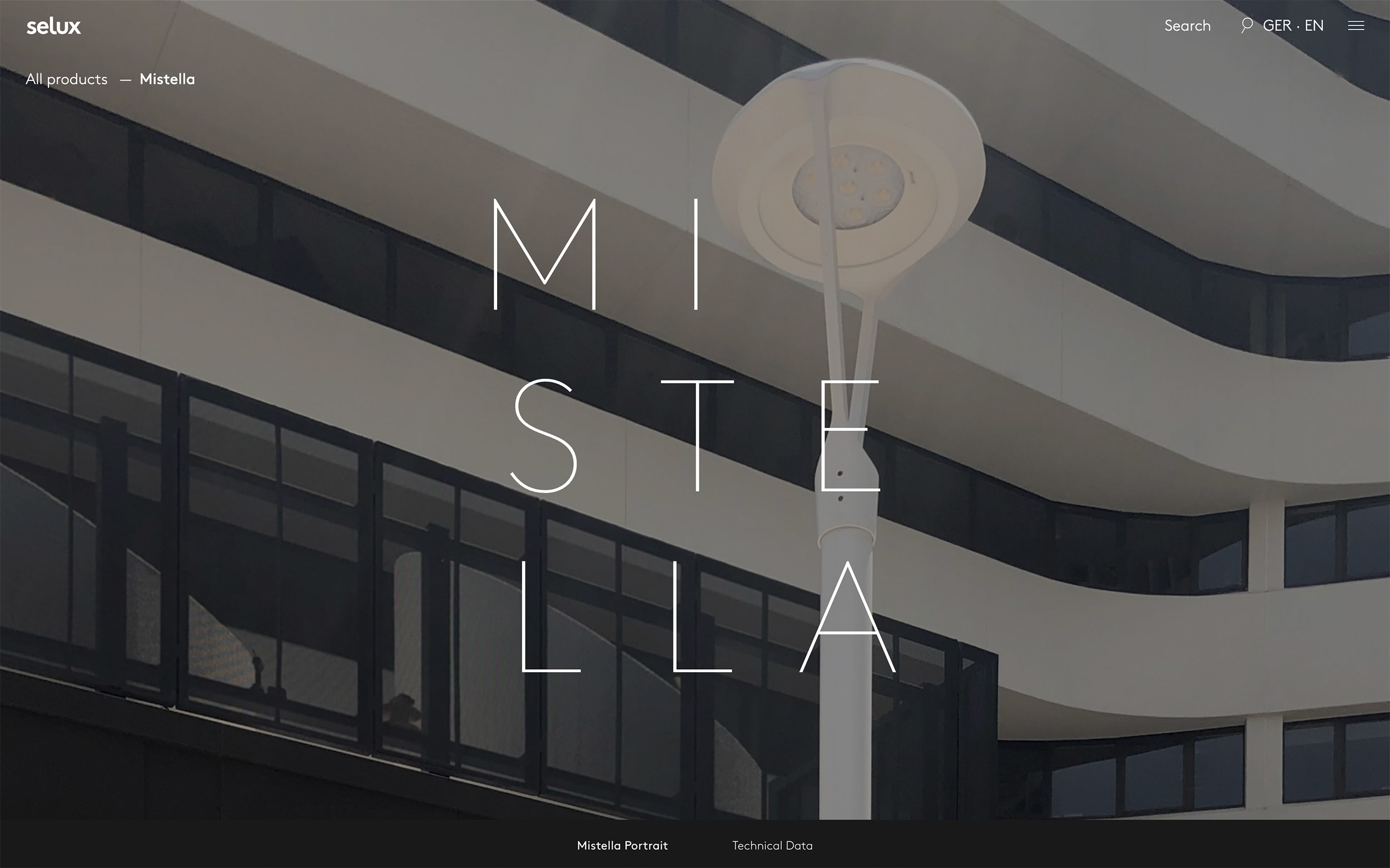 An image showcasing Selux product detail page for Mistella with headline and background image that features the luminaire.