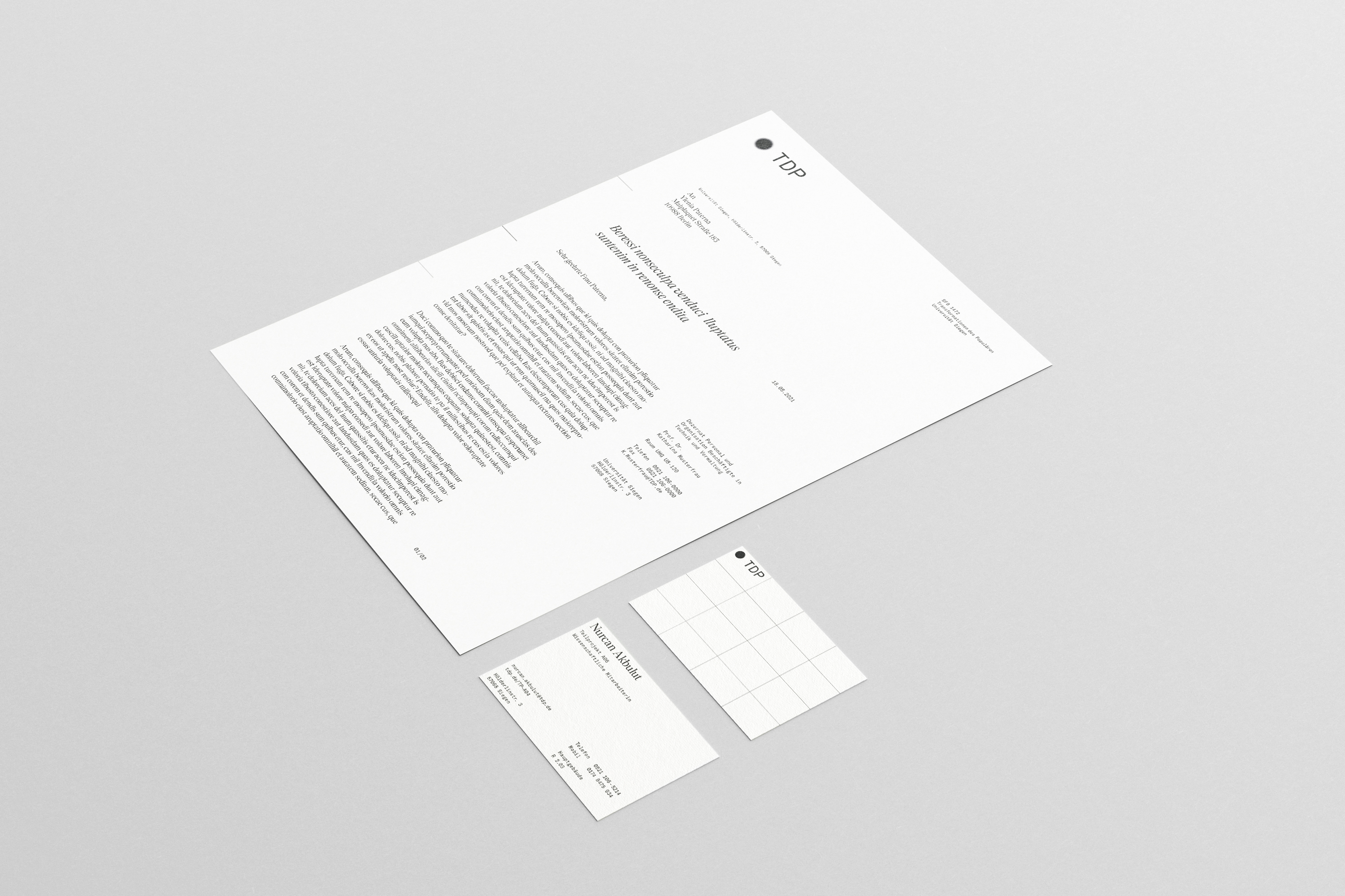 Stationery set for TDP including letter design and business cards front and back.