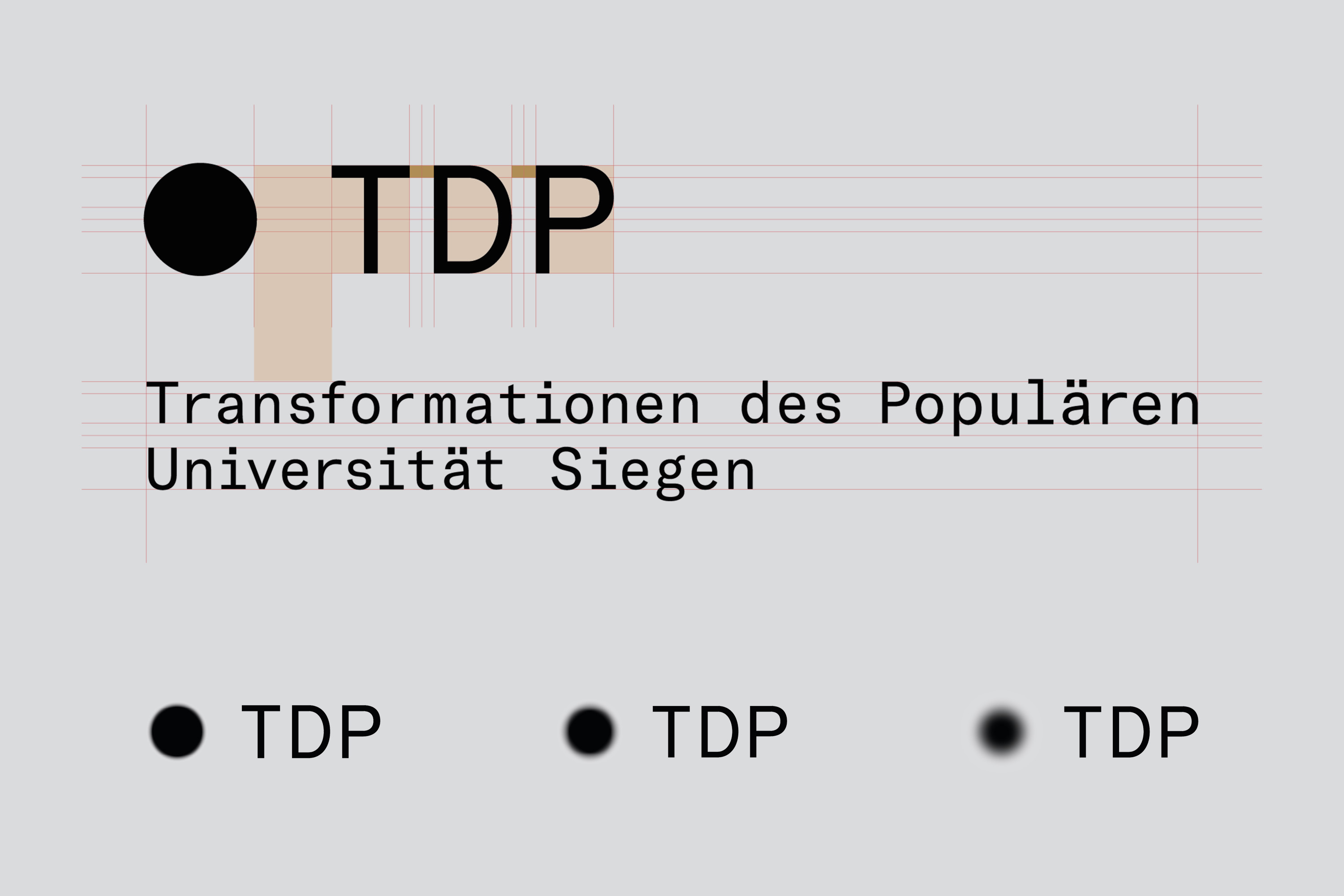 A visual representation of the designed versions for the TDP logo. On the top the main logo is a combination mark of logo symbol, monogram and wordmark shown in a grid. On the bottom 3 simplified versions of the logo are shown.