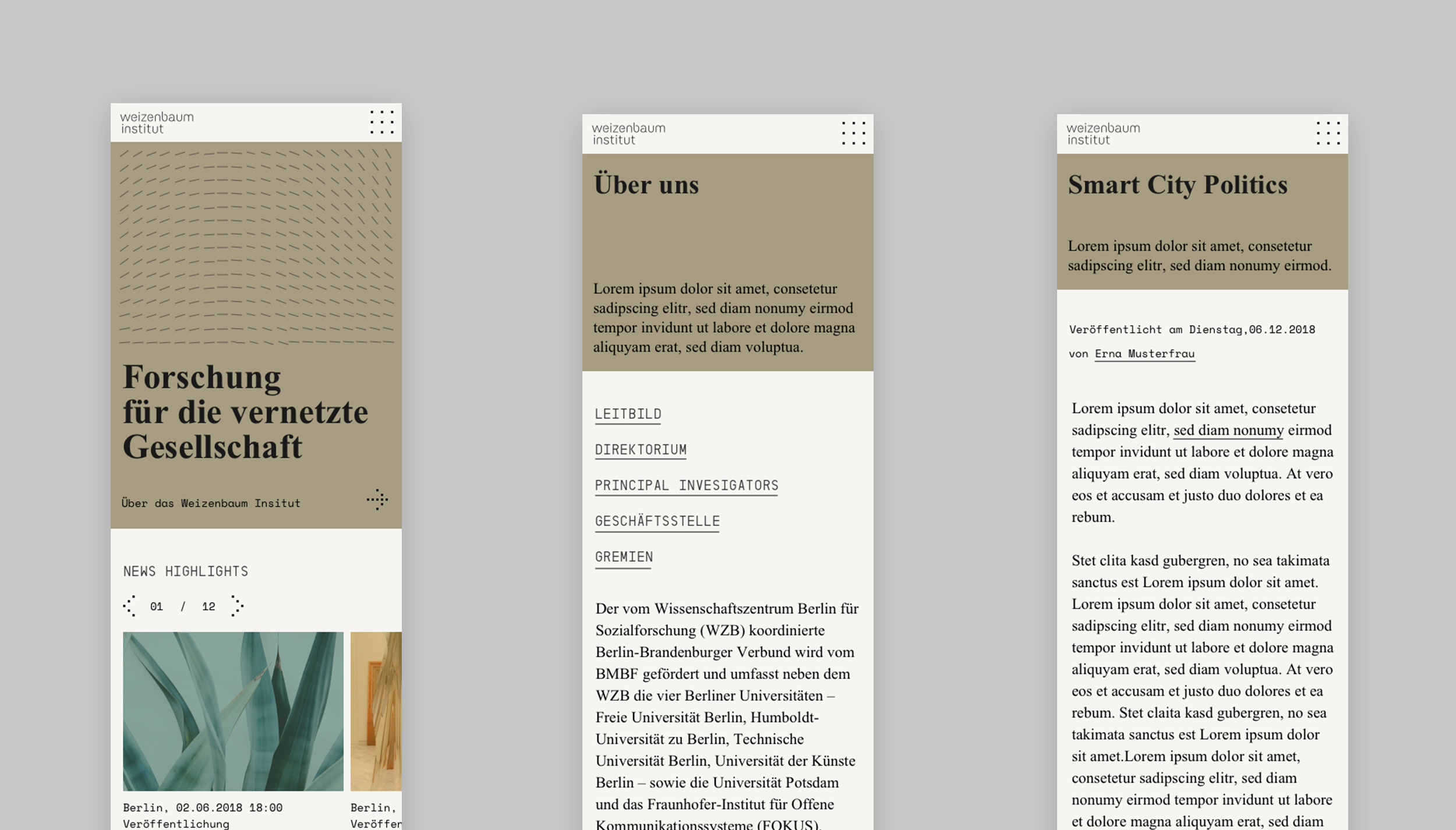 An image showcasing the homepage, about us page and article page for mobile of Weizenbaum Institute side by side.