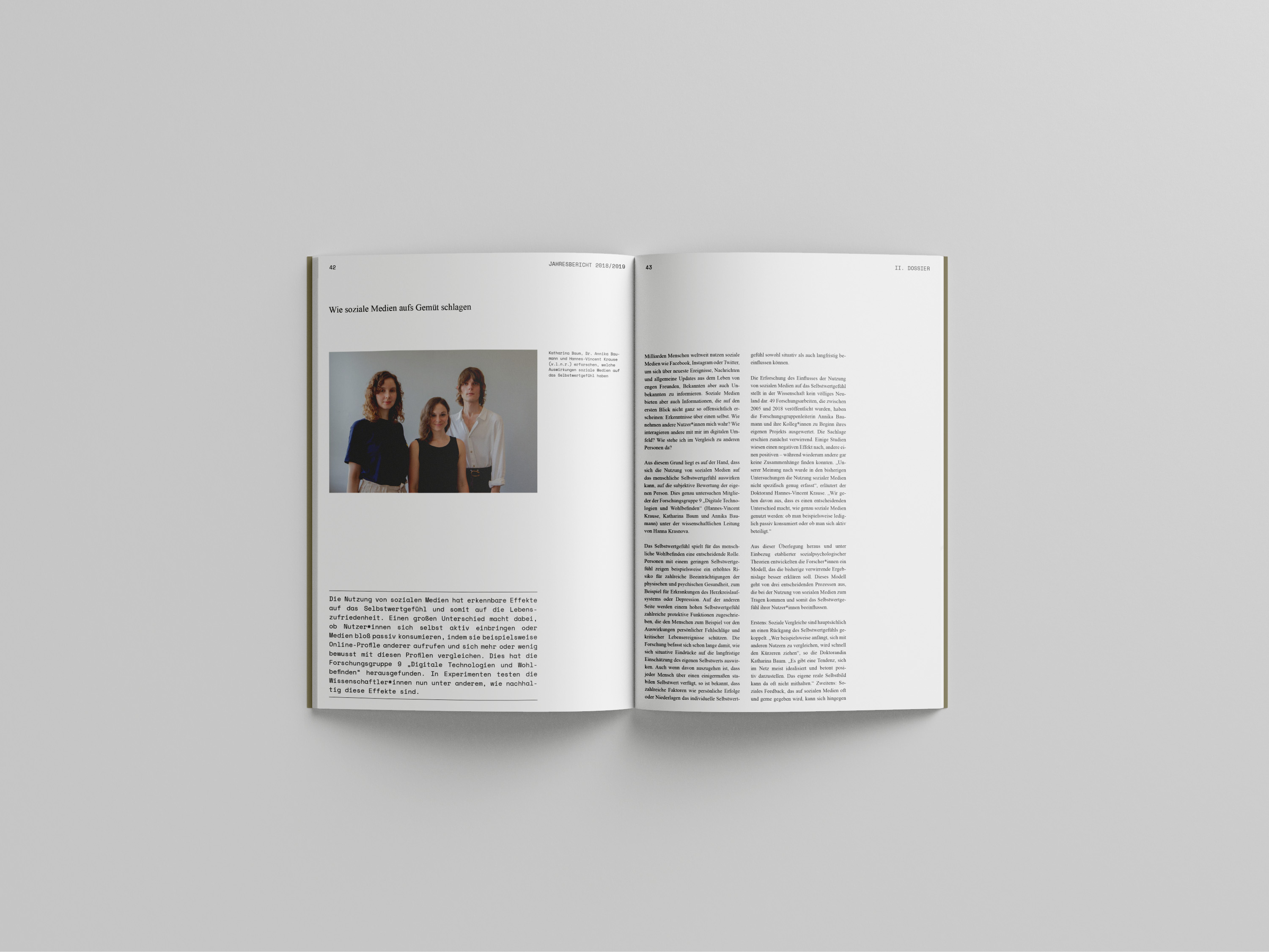An image of the opened spread of the Annual Report for the Weizenbaum Institute, displaying an image of 3 people and a block of text on the left page and 2 text columns on the right page.